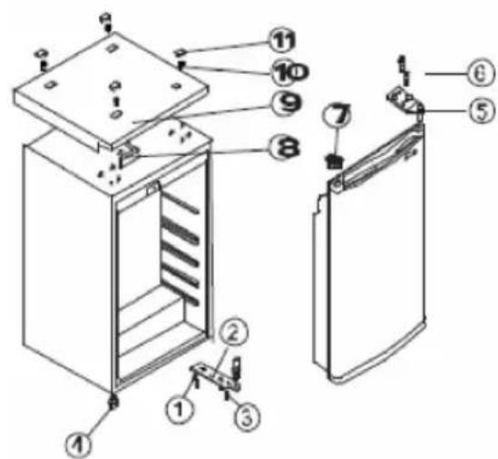 Technical diagram of a refrigerator with numbered components for identification