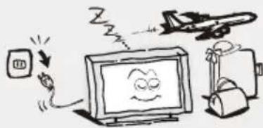 Cartoon illustration showing a computer monitor with a smiling face, an airplane, and a hand holding a device with a warning symbol.