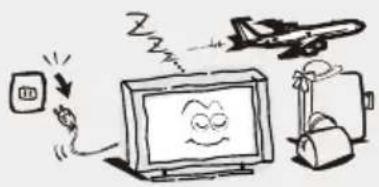 Cartoon illustration showing a person reacting to a warning about an electric shock, with a monitor displaying a sad face and airplane flying overhead.