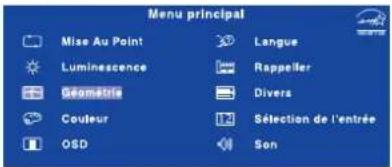 Menu principal Mise Au Point Luminescence Geometrie Couleur OSD Langue Rappeller Divers Sélection de l'entrée Son