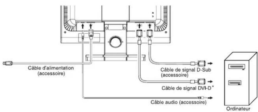 Câble d'alimentation (accessoire) Câble de signal D-Sub (accessoire) Câble de signal DVI-D* Câble audio (accessoire) Ordinateur