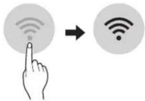 Diagram showing a hand pointing at a Wi-Fi icon with signal waves, followed by a right-pointing arrow to indicate wireless connectivity.