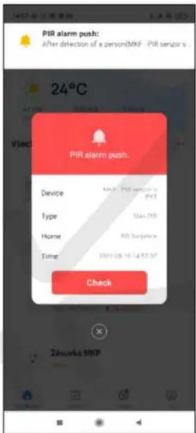 PIR alarm push: After detection of a person(MKF - PIR senzor s . 24°C PIR alarm push. Device MKF - PIR senzor s 243 Type 10x1799 Home 60 Second Time 2021-08 18:14:52:57 Check Zásvýké MKF