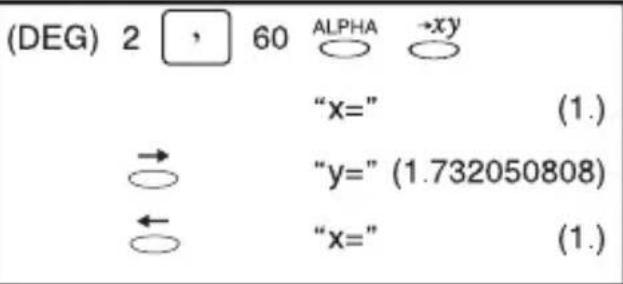 (DEG) 2 , 60 ALPHA →xy "x=" (1.) → "y=" (1.732050808) ← "x=" (1.)