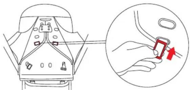 Diagram showing a car seatbelt buckle being adjusted to a hand's seatbelt, with a magnified view highlighting the adjustment.