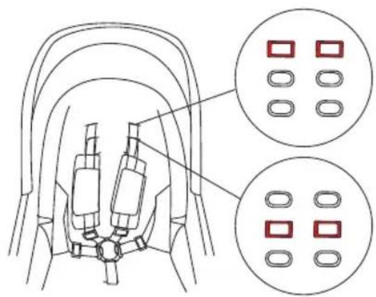 Diagram showing a mechanical component with two inset circular insets displaying red square and six oval features.