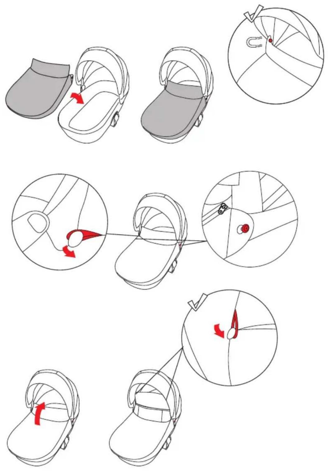 Diagram illustrating the sequence of a hand-painted car seat with red arrows indicating motion, showing sequential changes and movement paths.
