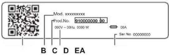 Mod. xxxxxxxxx Prod.No. 910000000 b0 000V - 00Hz 0000 W 00A Ser No: 00000000 B C D EA