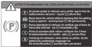 ATTENTION-WARNING-PE-LIGRO-AVVERTENZA-ACHTUNG P F No jamals quitter le viniculo vers vinter que lo frein de stationnement est sere : voyant (1) allume fixe DB Never leisure the vehicle without checking that the parking brake is applied : warning lamp (1) ON permanently E Nunca abandonar el vehículo sin verificar que el frano de mano este activador : taz (1) encandida y lja I Prima di scendere dalla vettura verificare che il frano di stationamento sia inserito : spia (1) accessa flissa D Fahrzeug nie veriassen, ohne vorter zu prufen, ob die elektrische parkrsume angezogen ist. Die kontrolleuchtte (1) leuchtet dann permanent