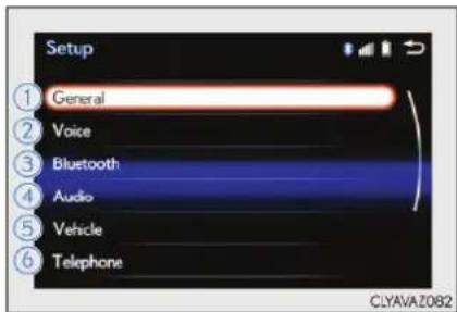 Setup ① General ② Voice ③ Bluetooth ④ Audio ⑤ Vehicle ⑥ Telephone CLYAVAZ082