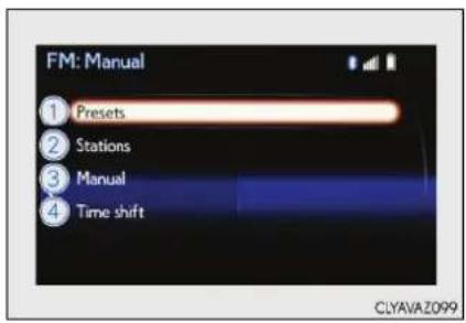 FM: Manual ① Presets ② Stations ③ Manual ④ Time shift