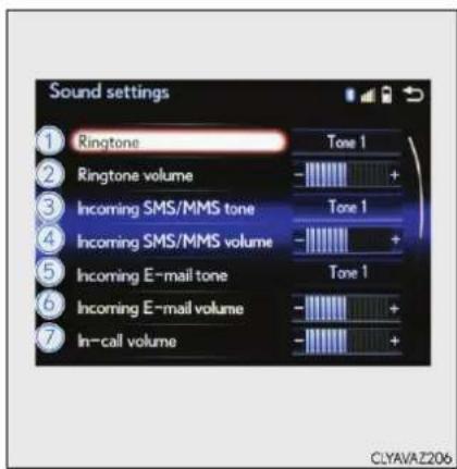 Sound settings 1 Ringtone 2 Ringtone volume 3 Incoming SMS/MMS tone 4 Incoming SMS/MMS volume 5 Incoming E-mail tone 6 Incoming E-mail volume 7 In-call volume Tone 1 Tone 1 Tone 1 CLYAVAZ206