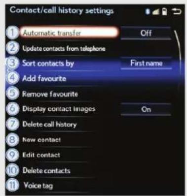 LEXUS IS 200t (2015) - Obrazovka "Contact/call history settings" (Nastavenie kontaktu/histórie volania) - 1