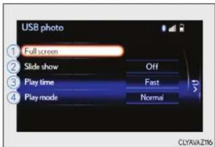 USB photo ① Full screen ② Slide show ③ Play time ④ Play mode Off Fast Normal CLYAVAZ116