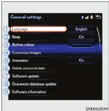 General settings Language English Beep On Button colour Customize images Animation On Delete personal data Software update Gracenote database update Software information ENX004LIFOM
