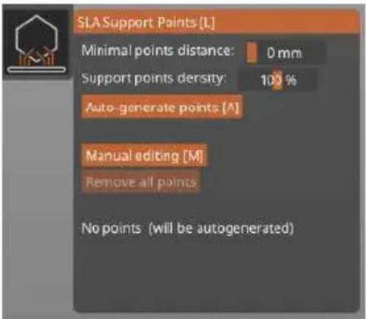 SLA Support Points [L] Minimal points distance: 0 mm Support points density: 100 % Auto-generate points [A] Manual editing [M] Remove all points No points (will be autogenerated)