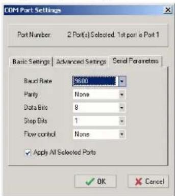 COM Port Settings Port Number 2 Port(s) Selected. Tst port is Port 1 Basic Settings Advanced Settings Serial Parameters Baud Rate 9600 Parity None Data Bits 8 Stop Bits 1 Flow control None ✓ Apply All Selected Ports ✓ OK Cancel