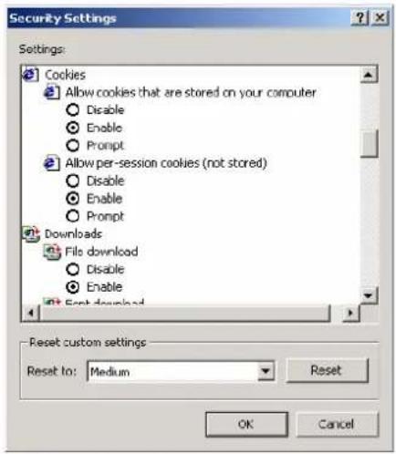 Security Settings Settings: Cookies Allow cookies that are stored on your computer Disable Enable Prompt Allow per-session cookies (not stored) Disable Enable Prompt Downloads File download Disable Enable First download Reset custom settings Reset to: Medium Reset OK Cancel