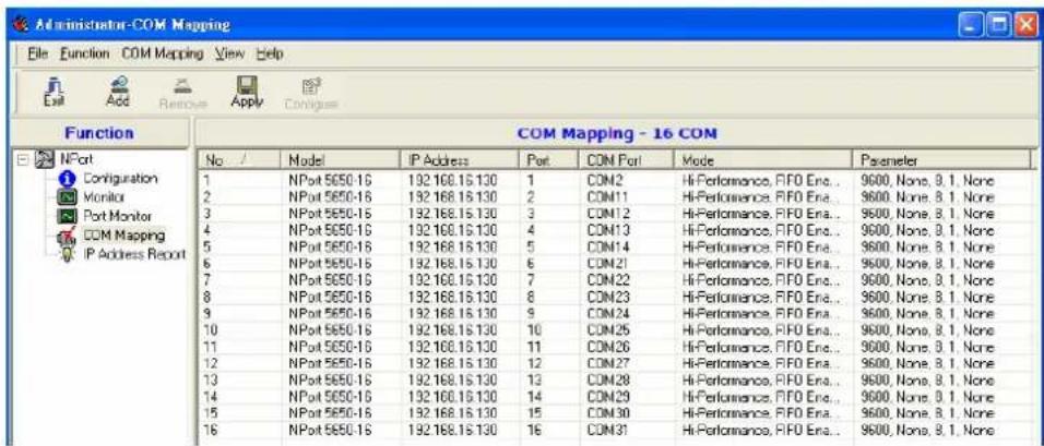 Administrator-COM Mapping File Function COM Mapping View Help Exit Add Remove Apply Configure Function NPort Configuration Monitor Port Monitor COM Mapping IP Address Report COM Mapping - 16 CON No / Model IP Address Port CON Port Mode Parameter 1 NPot 5650-16 192.168.16.130 1 COM2 Hi-Performance, RFO Era... 9600, None, 9.1, None 2 NPot 5650-16 192.168.16.130 2 COM11 Hi-Performance, RFO Era... 9600, None, 9.1, None 3 NPot 5650-16 192.168.16.130 3 COM12 Hi-Performance, RFO Era... 9600, None, 9.1, None 4 NPot 5650-16 192.168.16.130 4 COM13 Hi-Performance, RFO Era... 9600, None, 9.1, None 5 NPot 5650-16 192.168.16.130 5 COM14 Hi-Performance, RFO Era... 9600, None, 9.1, None 6 NPot 5650-16 192.168.16.130 6 COM21 Hi-Performance, RFO Era... 9600, None, 9.1, None 7 NPot 5650-16 192.168.16.130 7 COM22 Hi-Performance, RFO Era... 9600, None, 9.1, None 8 NPot 5650-16 192.168.16.130 8 COM23 Hi-Performance, RFO Era... 9600, None, 9.1, None 9 NPot 5650-16 192.168.16.130 9 COM24 Hi-Performance, RFO Era... 9600, None, 9.1, None 10 NPot 5650-16 192.168.16.130 10 COM25 Hi-Performance, RFO Era... 9600, None, 9.1, None 11 NPot 5650-16 192.168.16.130 11 COM26 Hi-Performance, RFO Era... 9600, None, 9.1, None 12 NPot 5650-16 192.168.16.130 12 COM27 Hi-Performance, RFO Era... 9600, None, 9.1, None 13 NPot 5650-16 192.168.16.130 13 COM28 Hi-Performance, RFO Era... 9600, None, 9.1, None 14 NPot 5650-16 192.168.16.130 14 COM29 Hi-Performance, RFO Era... 9600, None, 9.1, None 15 NPot 5650-16 192.168.16.130 15 COM30 Hi-Performance, RFO Era... 9600, None, 9.1, None 16 NPot 5650-16 192.168.16.130 16 COM31 Hi-Performance, RFO Era... 9600, None, 9.1, None