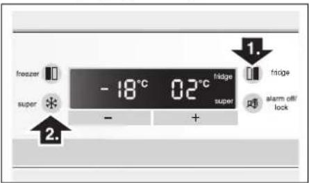 freezer super * - 18°C 02°C hűtő hűtő super + riasztás kikapcsolása/ zár 1. 2.