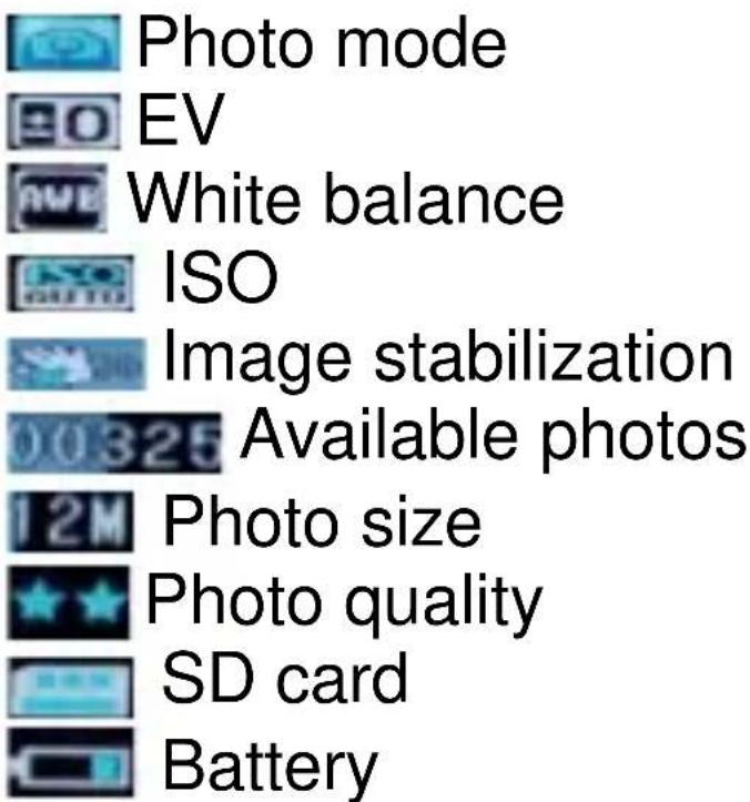 Photo mode EV White balance ISO Image stabilization Available photos 12M Photo size Photo quality SD card Battery