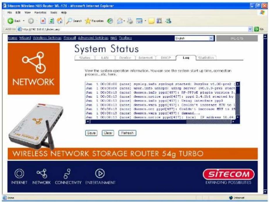 Sitecom Wireless NAS Router WL-176 - Microsoft Internet Explorer File Edit View Favorites Tools Help Back Search Favorites Address http://92.160.0.1/index.asp Home Wizard Wireless Settings Firewall Advanced Settings NAS Toolbox English WL-176 System Status Status LAN Device Internet DHCP Log Statistics View the system operation information. You can see the system start up time, connection process...etc. here. Jan 1 00:00:00 (none) syslog.info syslogd started: BusyBox v1.00-pre2 (... Jan 1 00:00:06 (none) user.info ushops: ushop server (V0.9.9-pre) start Jan 1 00:00:13 (none) daemon.info pppd[457]: RP-PFPoE plugin version 3. Jan 1 00:00:13 (none) daemon.notice pppd[457]: ppd 2.4.3b1 started by Jan 1 00:00:13 (none) daemon.info pppd[457]: Using interface ppp0 Jan 1 00:00:13 (none) daemon.wora pppd[457]: Couldn't increase MTU to 1 Jan 1 00:00:13 (none) daemon.err pppd[457]: Couldn't increase MBU to 15 Jan 1 00:00:13 (none) daemon.wara pppd[457]: demand.. Jan 1 00:00:13 (none) daemon.notice pppd[457]: local TP address 18.64 Save Clear Refresh WIRELESS NETWORK STORAGE ROUTER 54g TURBO INTERNET NETWORK CONNECTIVITY ENTERTAINMENT SITECOM EXPANDING POSSIBILITIES Done Internet