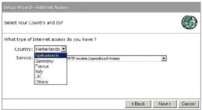 Setup Wizard - Internet Access Select your Country and ISP What type of Internet access do you have ? Country: Netherlands Service: Netherlands Germany France Italy UK Others PPTP modem (speedtouch home) < Back Next > Cancel
