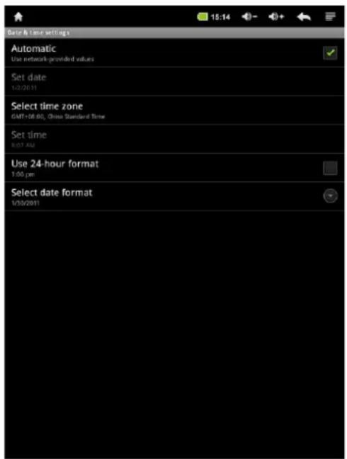 Automatic Use network-provided values Set date 1/2/20:11 Select time zone GMT+08.00, China Standard Time Set time 8:07 AM Use 24-hour format 1:00 pm Select date format 13:30am