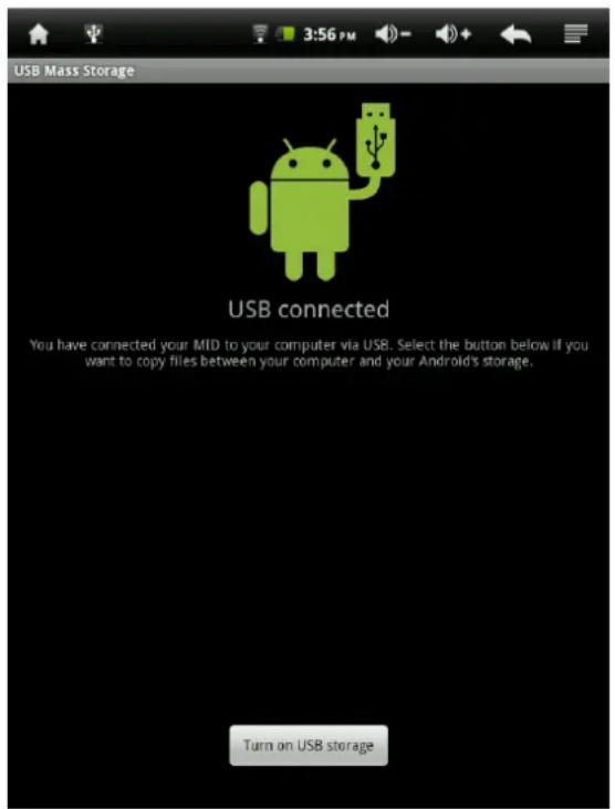 USB Mass Storage USB connected You have connected your MID to your computer via USB. Select the button below if you want to copy files between your computer and your Android's storage. Turn on USB storage