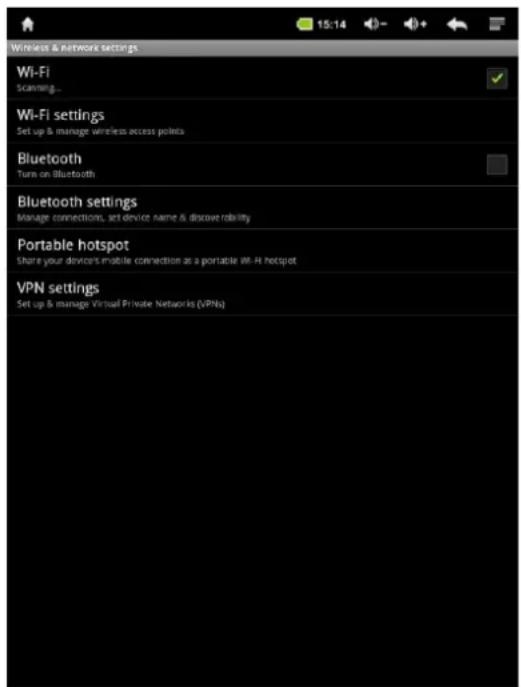 Wireless & Network settings Wi-Fi Scanning... Wi-Fi settings Set up & manage wireless access points Bluetooth Turn on Bluetooth Bluetooth settings Manage connections, set device name & discove roblity Portable hotspot Share your devices enable connection as a portable Wi-Fi hotspot VPN settings Set up & manage Virtual Private Networks (VPNs)