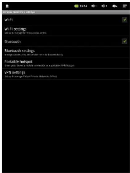 Wireless & network settings Wi-Fi Wi-Fi settings Set up & manage wireless access ports Bluetooth Bluetooth settings Manage connections, set device name & discoverability Portable hotspot Share print devices via mobile connection as a portable Wi-Fi hotspot VPN settings Set up & manage Virtual Private Networks (WiFi)