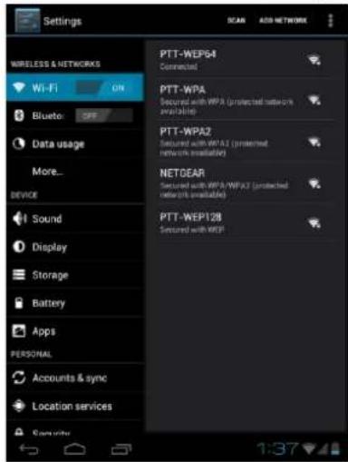 Settings WIRELESS & NETWORKS Wi-Fi ON Bluetooth OFF Data usage More... DEVICE Sound Display Storage Battery Apps PERSONAL Accounts & sync Location services PPTT-WEP64 Connected PTT-WPA Seconded with WPA (protected network available) PTT-WPA2 Seconded with WPA2 (protected network installed) NETDEAR Seconded with WPA/WPA3 (protected network available) PTT-WEP128 Seconded with WEP 1:37