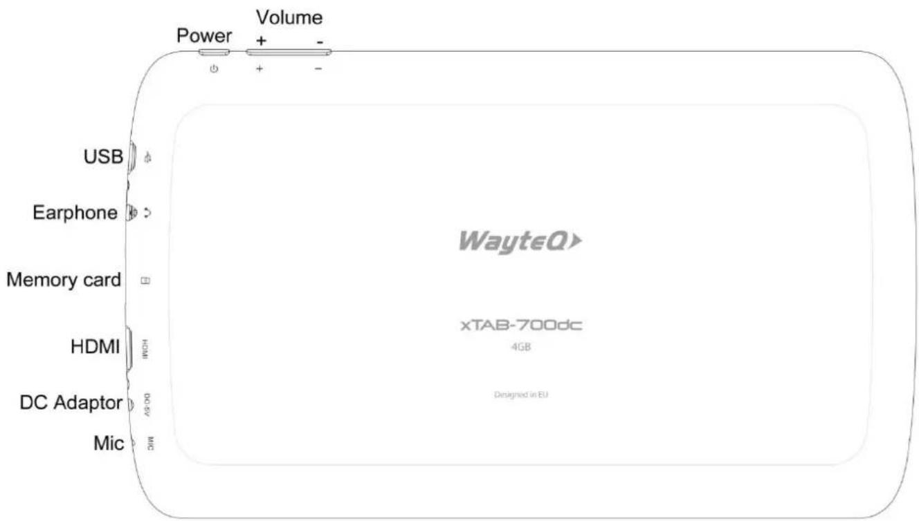 Power Volume + - USB Earphone Memory card HDMI DC Adaptor Mic WayteQ> xTAB-700dc 4GB Designed in EU