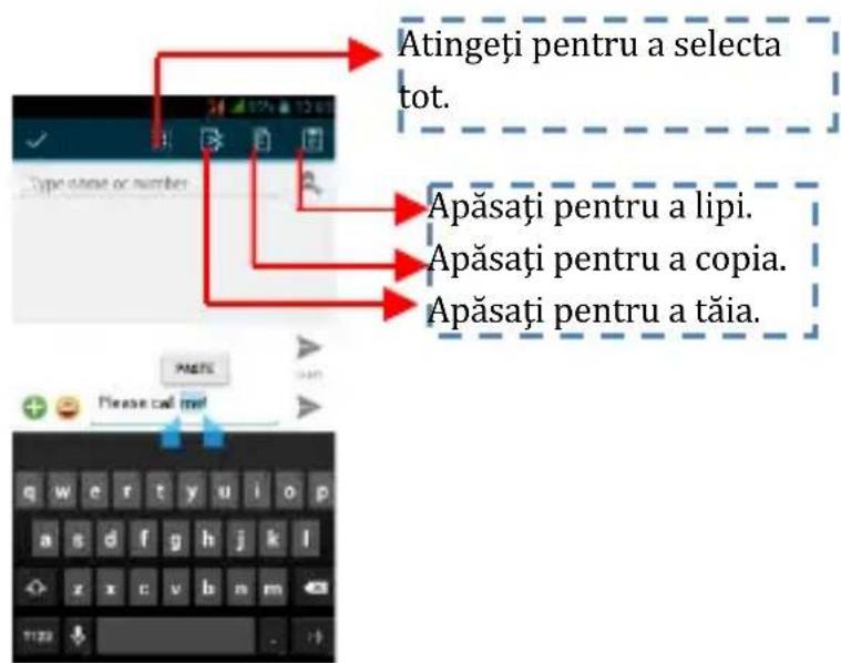 Atingeți pentru a selecta tot. Apăsați pentru a lipi. Apăsați pentru a copia. Apăsați pentru a tăia.