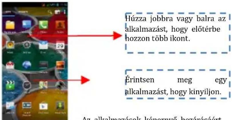 Húzza jobbra vagy balra az alkalmazást, hogy előtérbe hozzon több ikont. Érintsen meg egy alkalmazást, hogy kinyiljon. Az. alkalmazások képernyő hezárásáért