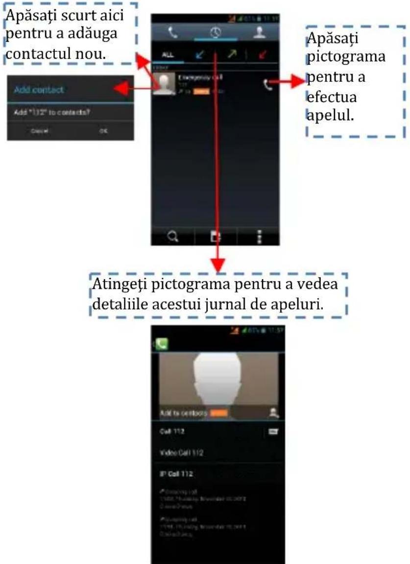 Apăsați scurt aici pentru a adăuga contactul nou. Add contact Add "1/12" to contactu? Cancel OK Apăsați pictograma pentru a efectua apelul. Atingeti pictograma pentru a vedea detaliile acestui jurnal de apeluri.