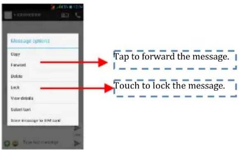 Message options Copy Forward Delete Lock View details Select text Store message to BIM card Tap to forward the message. Touch to lock the message.