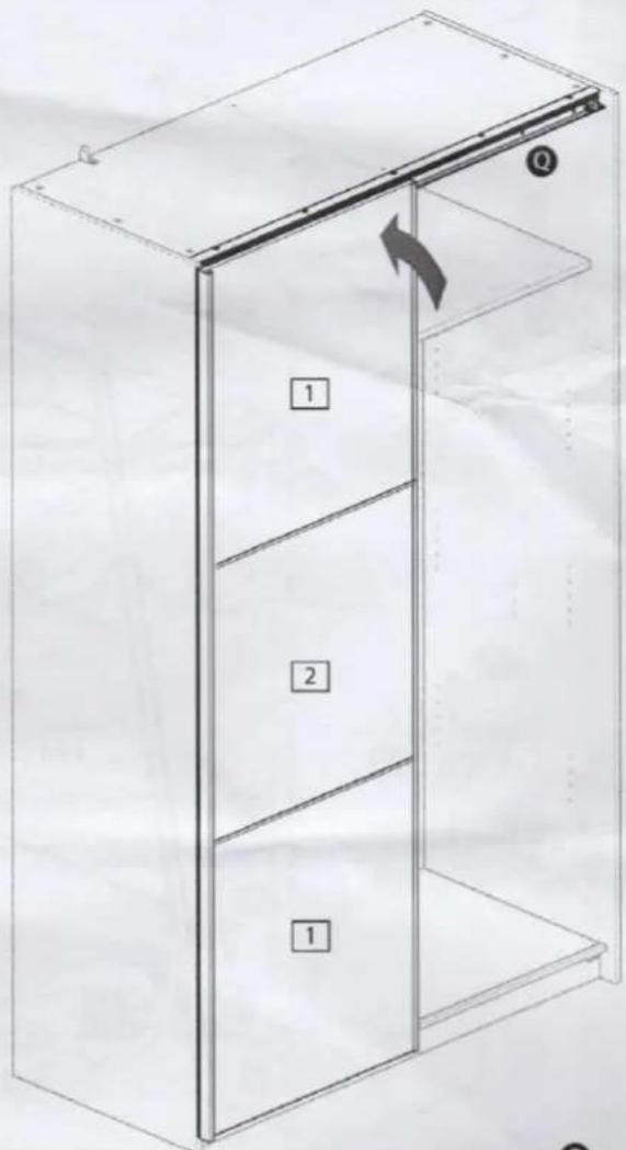 Technical diagram of a cabinet with labeled parts and directional arrow indicating movement or assembly