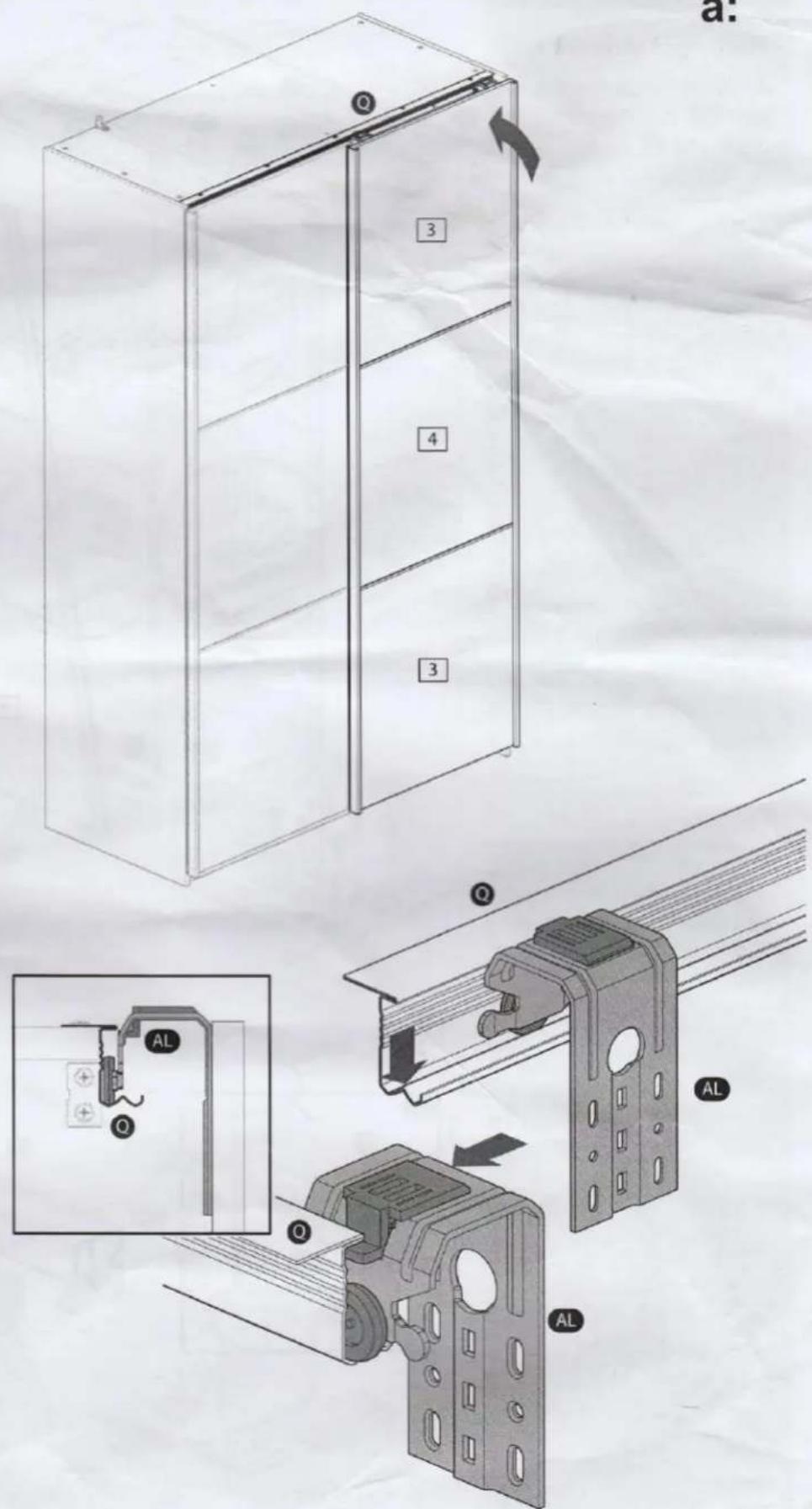 Technical diagram illustrating the installation of a wall-mounted cabinet with labeled components and directional arrows indicating assembly or movement.