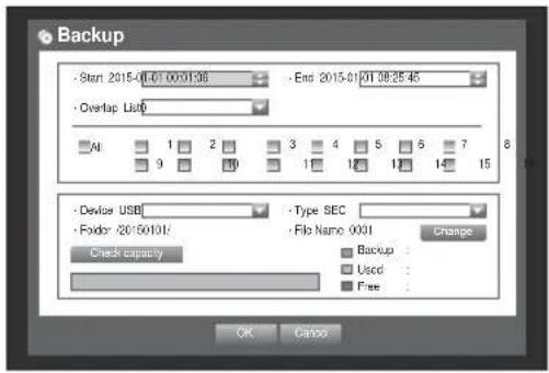 Backup Start 2015-01-01 00:01:36 End 2015-01-01 08:25:46 Overlap List At 1 2 3 4 5 6 7 9 10 11 12 13 14 15 Device USB Folder 20:50:01 Type SEC File Name: 0001 Change Backup Used Free Crack capacity OK Cancel