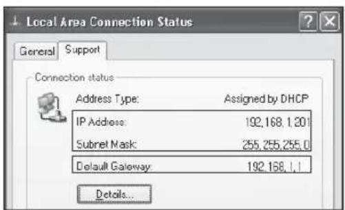 Local Area Connection Status General Support Connection status Address Type: Assigned by DHCP IP Address: 192.168.1.201 Subnet Mask: 255.255.255.0 Default Gateway: 192.168.1.1 Details...