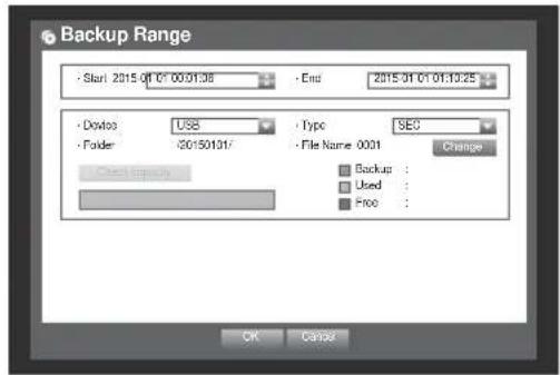 Backup Range Start 2015 01 01 00:01:36 End 2015 01 01 01:10:25 Dowto US$ Type SEG Folder 20150101 File Name 0001 Change Backup Used Proc OK Cancel