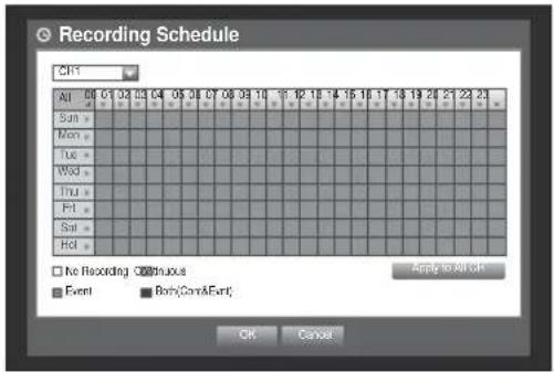 Recording Schedule CHY Sun Mon Tue Wed Thu Fri Sat Hot No Recording Continuous Event Both(Cons&Funt) Apply to All Out OK Cancel