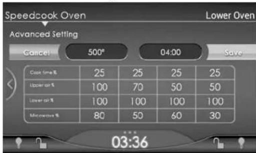 Speedcook Oven Lower Oven Advanced Setting Cancel 500° 04:00 Save Cook Time % 25 25 25 25 Upper air % 100 70 50 50 Lower air % 100 100 100 100 Microwave % 80 50 60 30 03:36