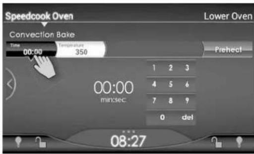 Speedcook Oven Convection Bake Time 00:00 Temperature 350 Prehect 00:00 min:sec 1 2 3 4 5 6 7 8 9 0 del 08:27