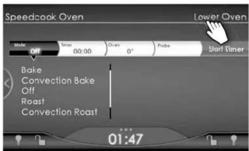 Speedcook Oven Mode Off Time 00:00 Oven 0° Probe Start Timer Bake Convection Bake Off Roast Convection Roast ... 01:47 Lower Oven