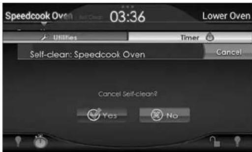 Speedcook Oven 03:36 Lower Oven Utilities Timer Self-clean: Speedcook Oven Cancel Cancel Self-clean? Yes No