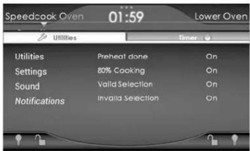 Speedcook Oven 01:59 Lower Oven Utilities Timer Utilities Preheat done On Settings 80% Cooking On Sound Valid Selection On Notifications Invalid Selection On