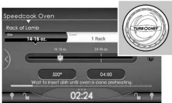 Speedcook Oven Rack of Lamb Size 14-16 oz. Count 1 Rack 14-16 oz. 24-26 oz. 500° 04:00 Wait to insert dish until oven is done preheating. 02:24 TURB OCHEF