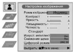Настройка изображения Режим изображена Индивид Контраст Яркость Насышенность Чоткость Стандарт Искусст. интеллект Снижение шума Цифровой режим 200,98 Выбрату: Пяти в меню: